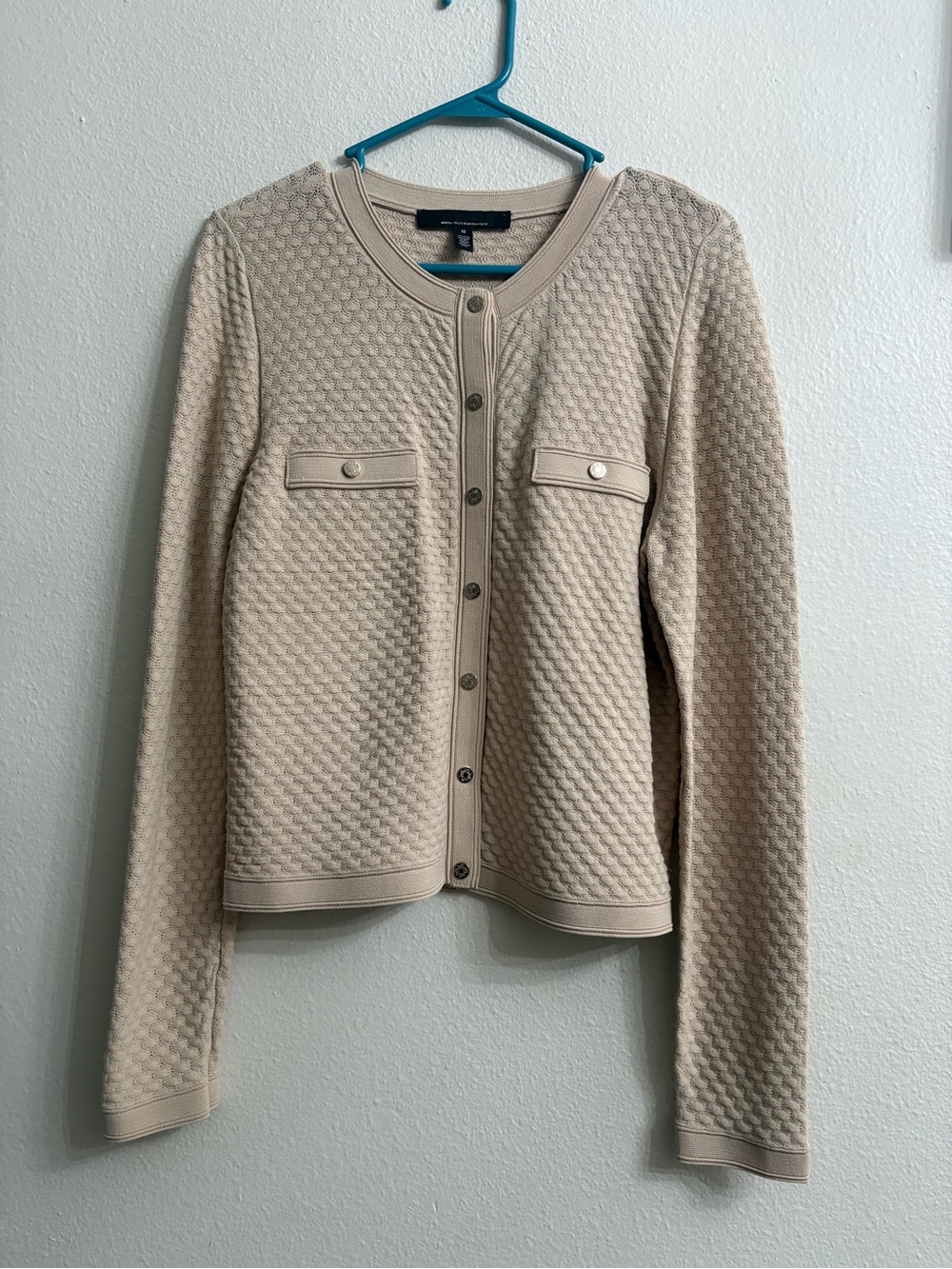White House Black Market Novelty Stitch Crew Neck Cardigan Beige size M